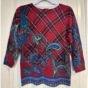 Talbots Sweater Pure Merino Wool Top Lightweight Sweater sz MP red plaid paisley